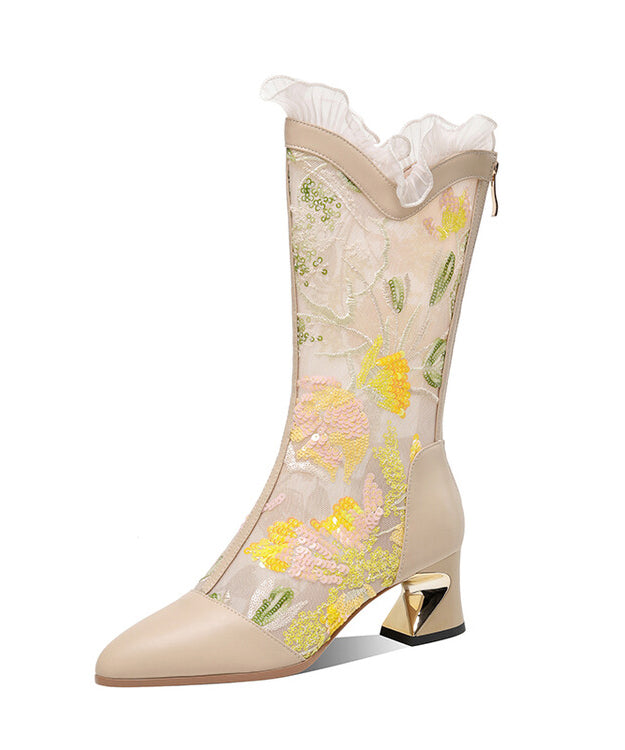 Embroidered Hollow Mesh Patchwork Chunky Heel Boots