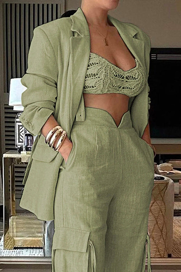 Lapel Long Sleeve Loose Jacket and Casual Pocket Lace-up Straight Leg Pants Set