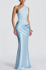 One-shoulder Sleeveless Satin Draped Slim-fit Maxi Dress