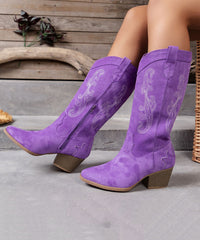 Purple Embossed Zippered Boots Chunky Suede Pointed Toe Boots