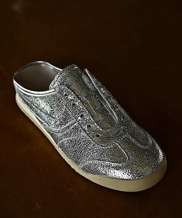 Chic Splicing Wedge Silver Cowhide Leather Slide Sandals