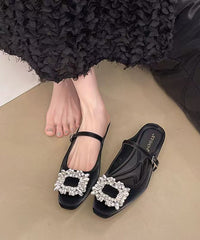 French Zircon Splicing Silver Faux Leather Slide Sandals