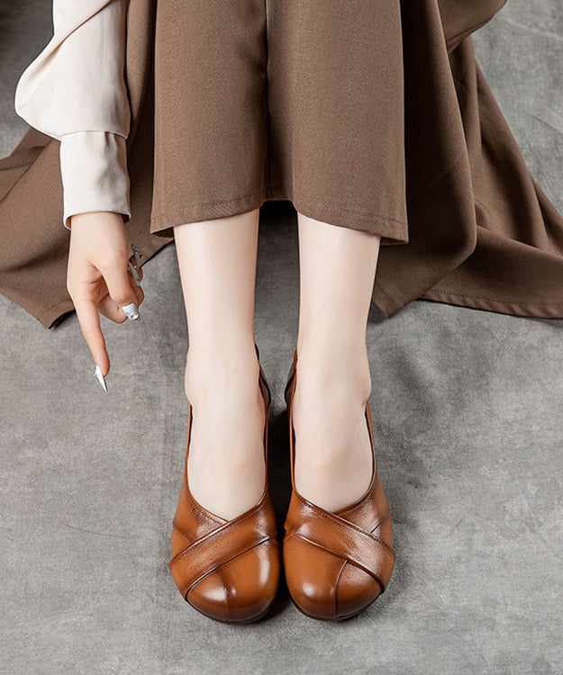 Brown Cowhide Leather Splicing Flat Shoes