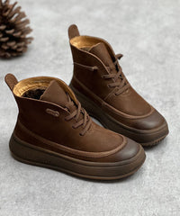 Unique Cross Strap Platform Boots Warm Fleece Coffee Cowhide Leather