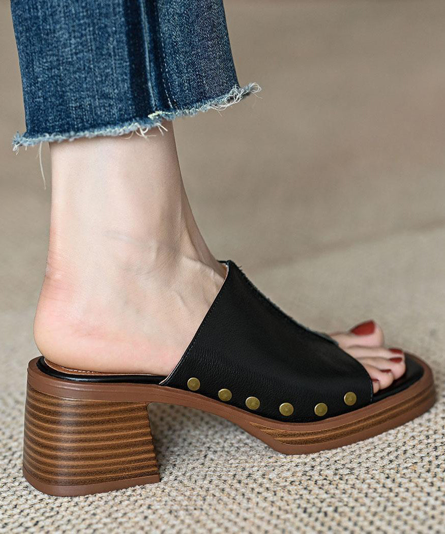 French Brown Splicing Chunky Heel Rivet Slide Sandals Peep Toe