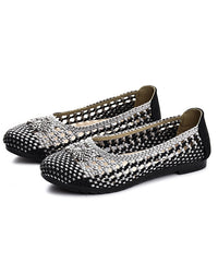 Handmade Pointed Toe Flat Shoes For Beige Chocolate Knit Fabric Flats