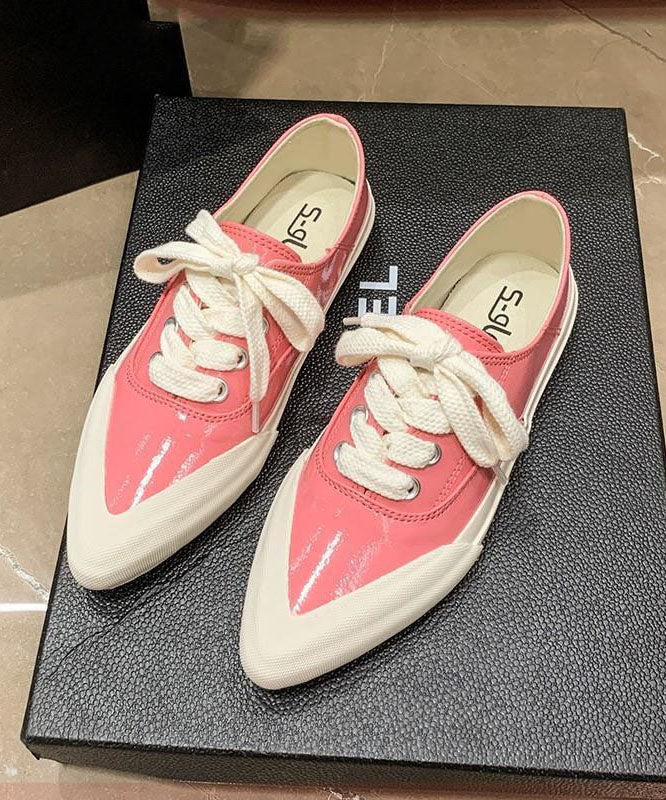 Pink Faux Leather Flat Shoes For Lace Up Splicing Pointed Toe