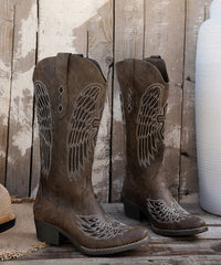 Vintage Chocolate Pointed Toe Embossed Chunky Faux Leather Boots