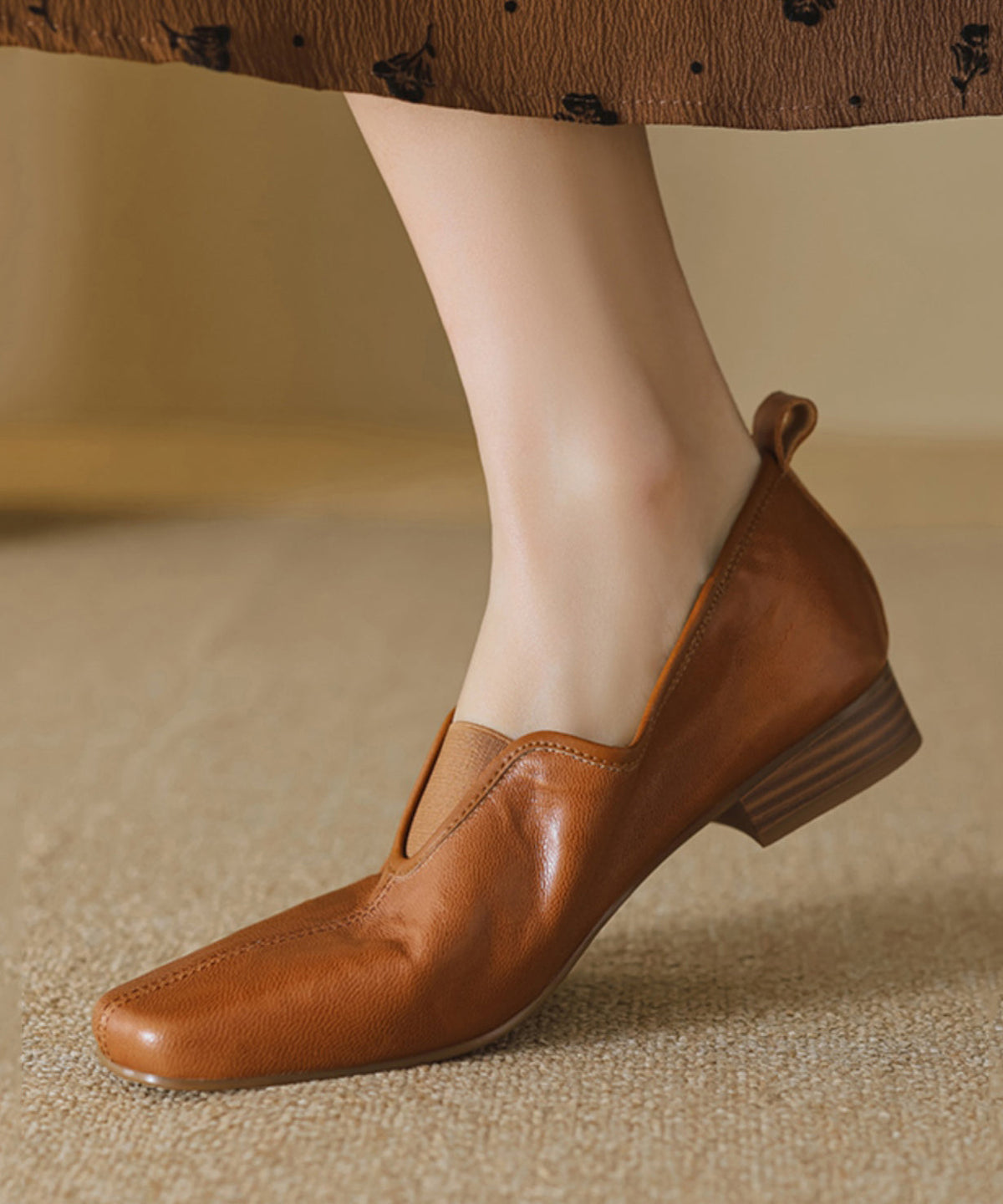 Elegant Comfy Caramel Sheepskin Splicing Flat Feet Shoes