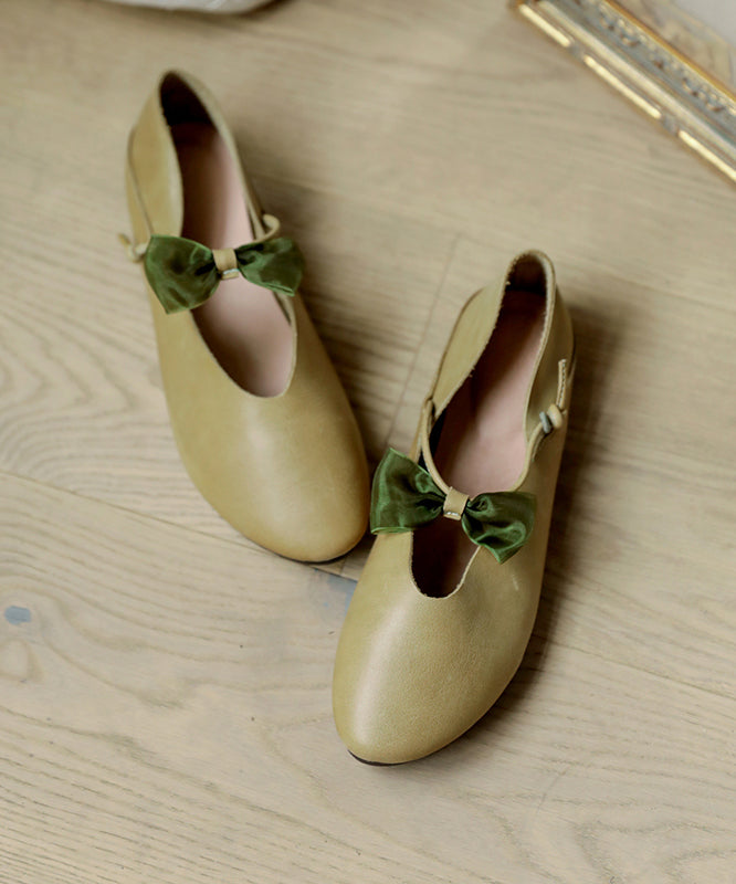 Green Flats Cowhide Leather Bow Buckle Strap Flats