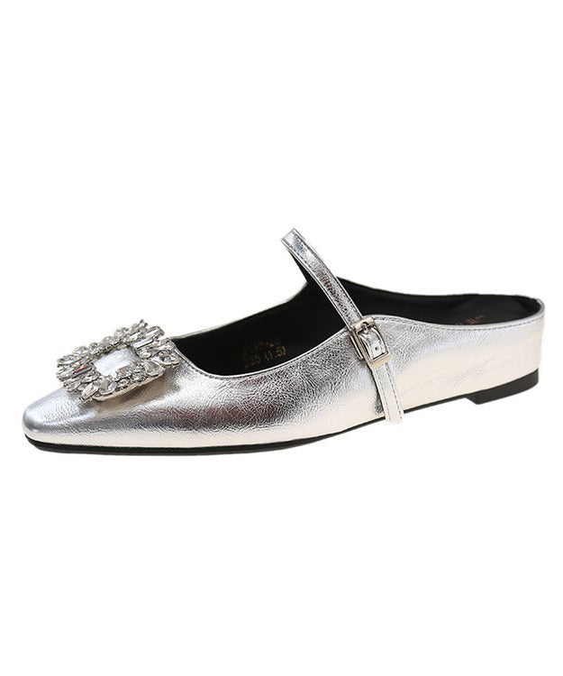 French Zircon Splicing Silver Faux Leather Slide Sandals