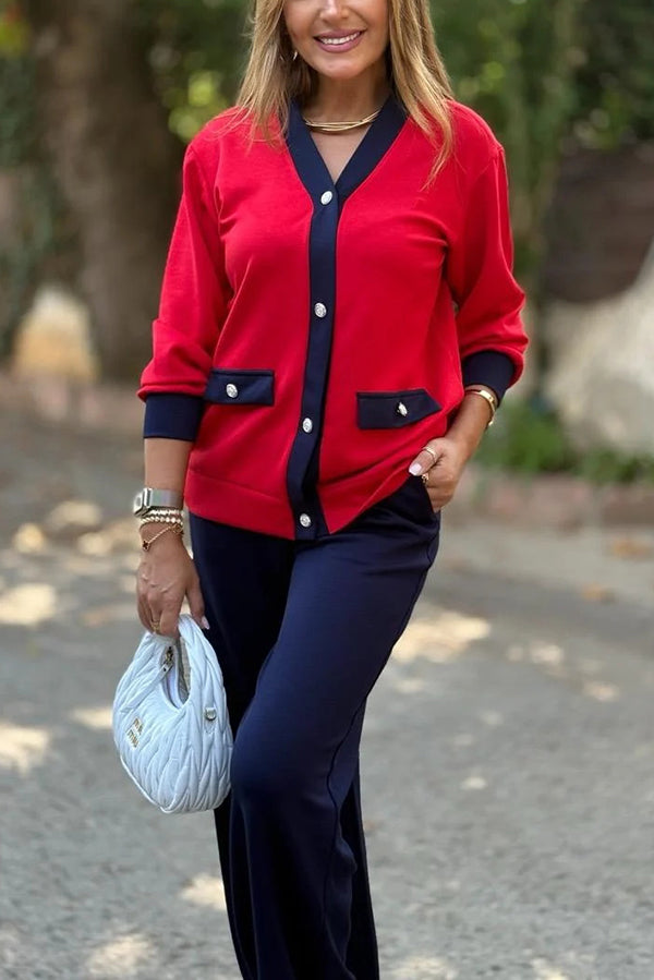 Color-blocked V-neck Knitted Button-down Cardigan and Elastic Waist Casual Wide-leg Pants Set