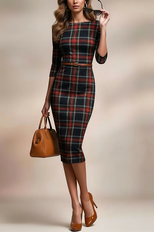 Plaid Print Half Sleeves Fitted Elegant Midi Dress