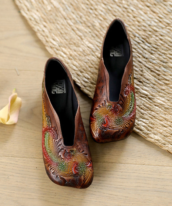 Vintage Embossed Flat Shoes For Grey Cowhide Leather