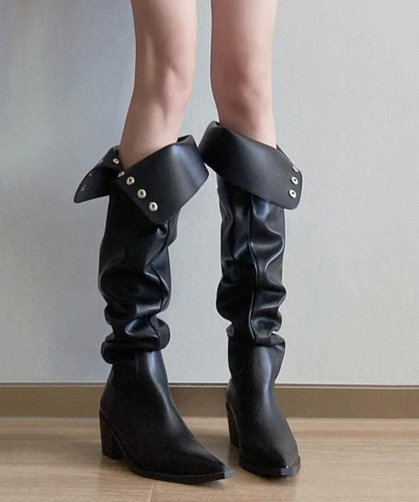 Splicing Chunky Knee Boots Black Faux Leather