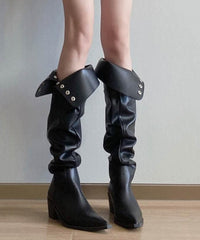 Splicing Chunky Knee Boots Black Faux Leather