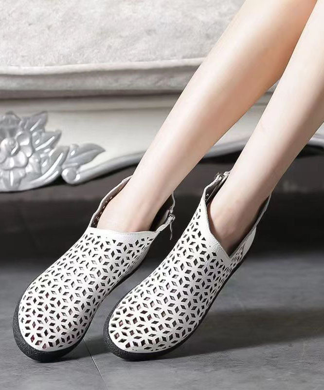 White Ankle Boots Wedge Cowhide Leather Splicing Hollow Out