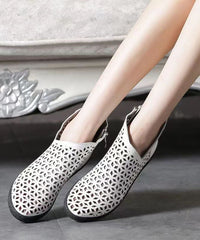 White Ankle Boots Wedge Cowhide Leather Splicing Hollow Out