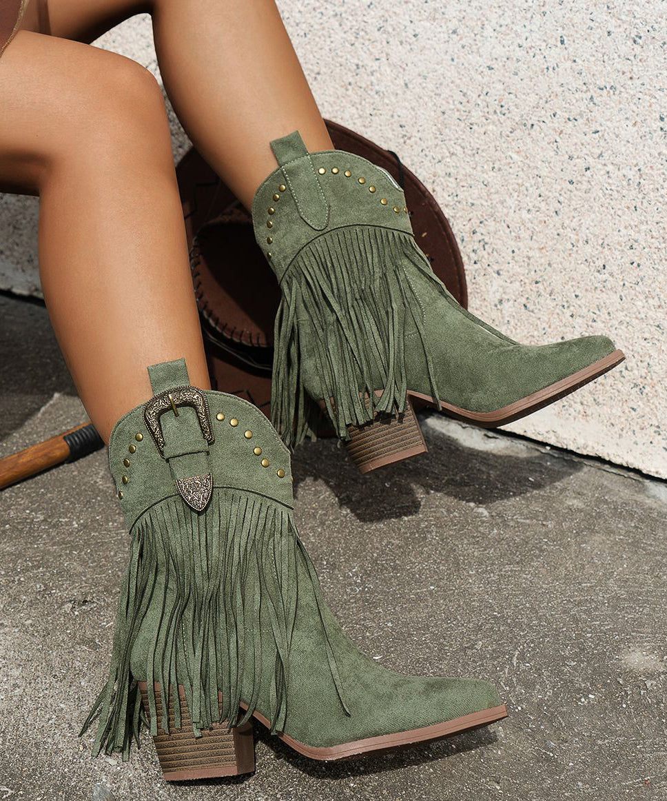 Chic Brown Tasseled Nail Bead Suede Splicing Ankle Boots