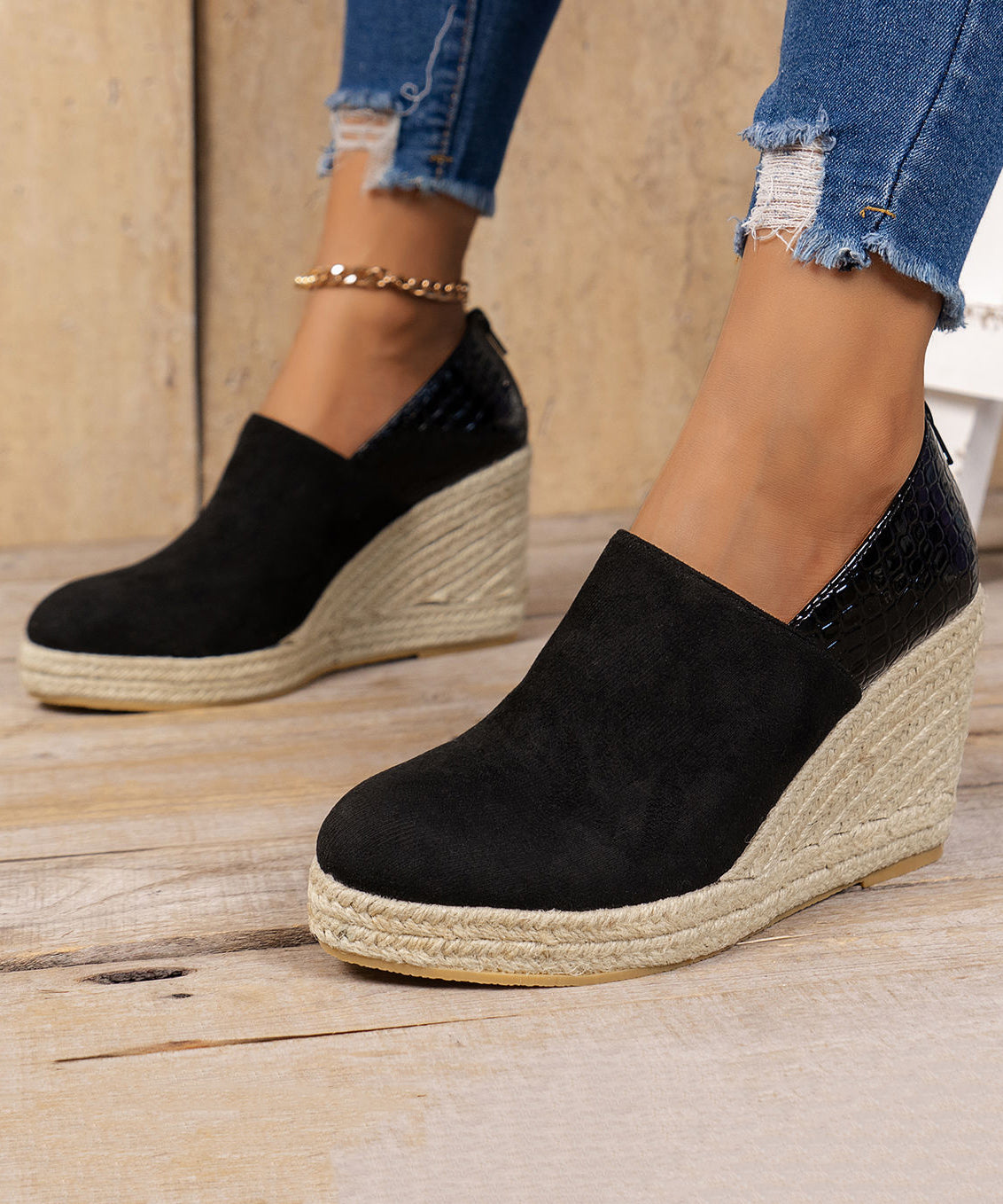 New Black Splicing Suede High Wedge Heels Shoes Zippered