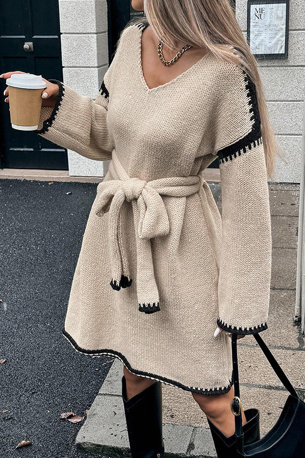 Loose-fitting Long-sleeved Tie-waist Knit Mini Dress