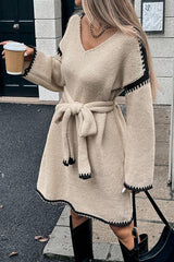 Loose-fitting Long-sleeved Tie-waist Knit Mini Dress