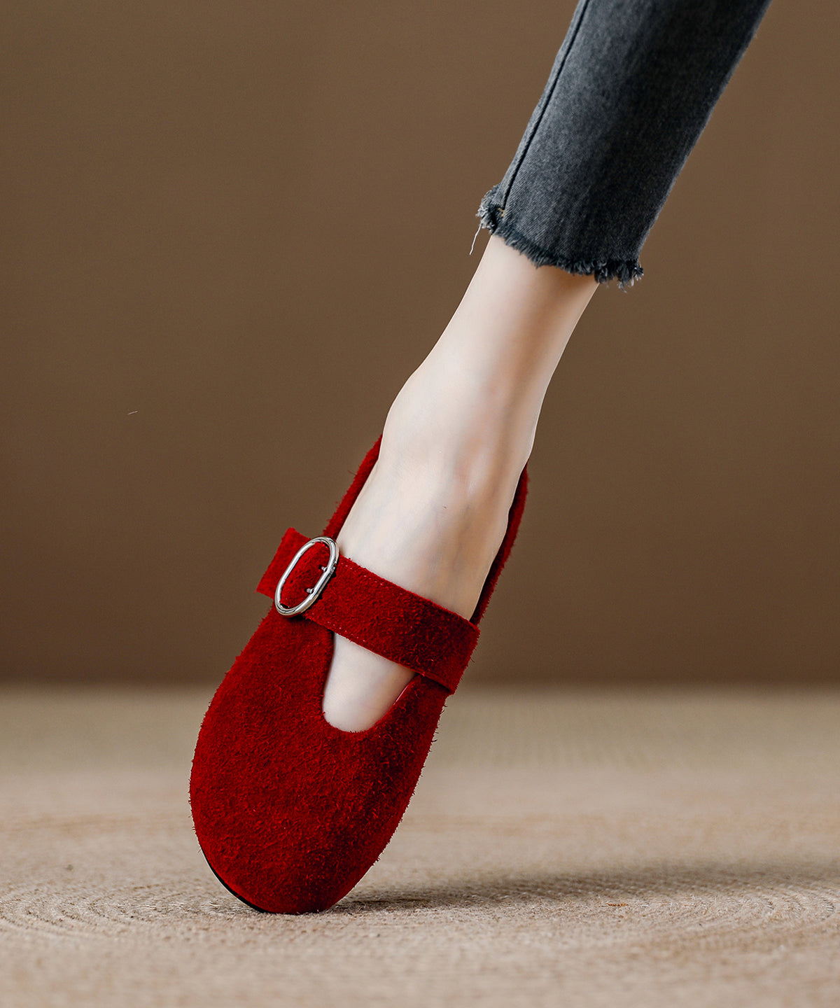 Red Suede Buckle Strap Splicing Loafer Shoes