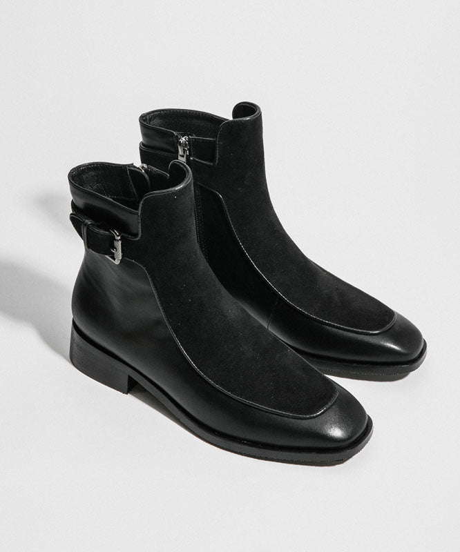 White Chunky Cowhide Leather Zippered Splicing Boots