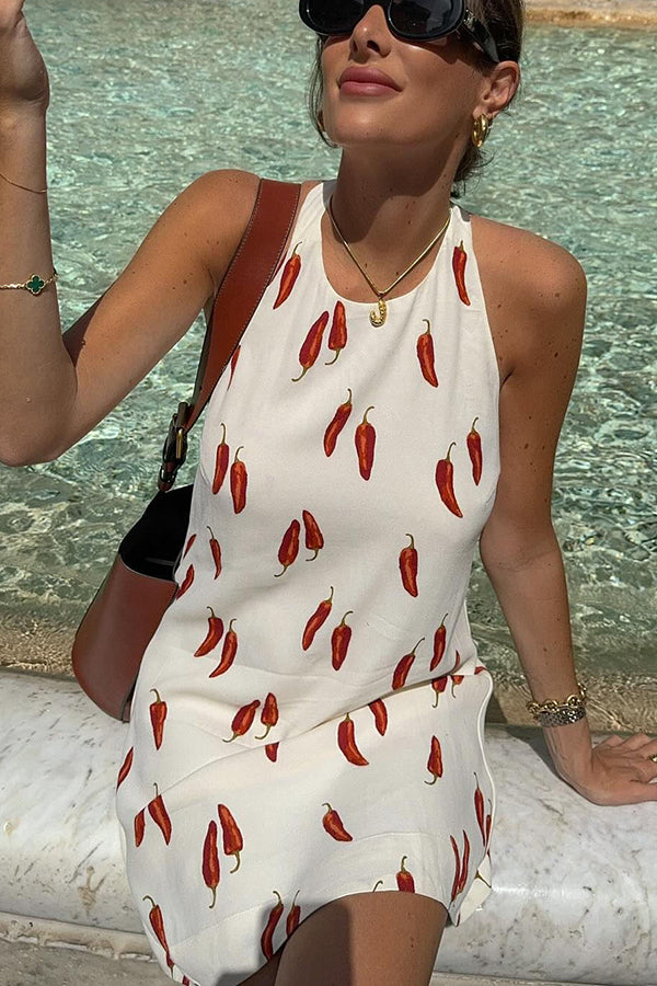 Spicy Chili Pepper Unique Print Soft Fabric Halter Loose Mini Dress