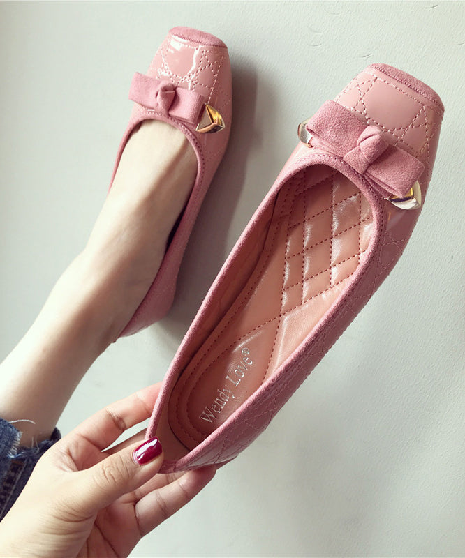 Pink Flats Faux Leather Splicing Bow Square Toe