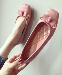 Pink Flats Faux Leather Splicing Bow Square Toe