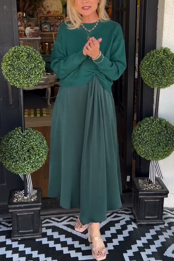Practical Knit Ruched Sweater and Satin Stretch Tank Midi Dress Two-piece Set