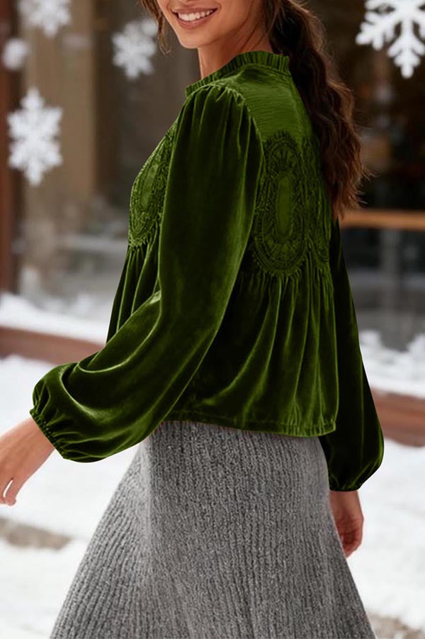 Velvet and Lace Patchwork Loose Long-sleeved Top