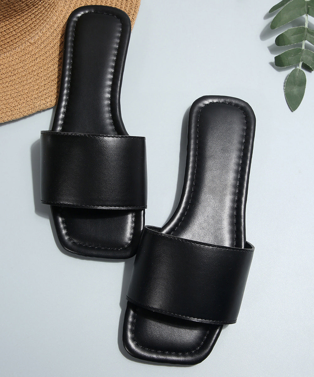 Black Faux Leather Fashion Slide Sandals Peep Toe