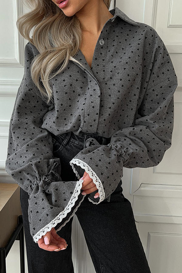 Love Polka Dot Lapel Lace Cuffs Casual Shirt