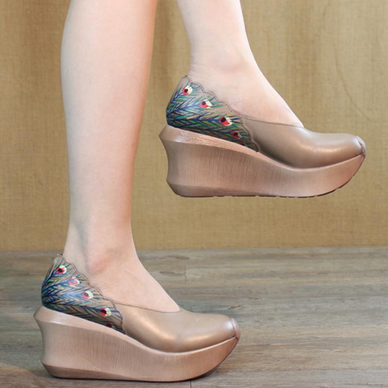 Wedge Peacock Tail Print Sewing Casual Shoes
