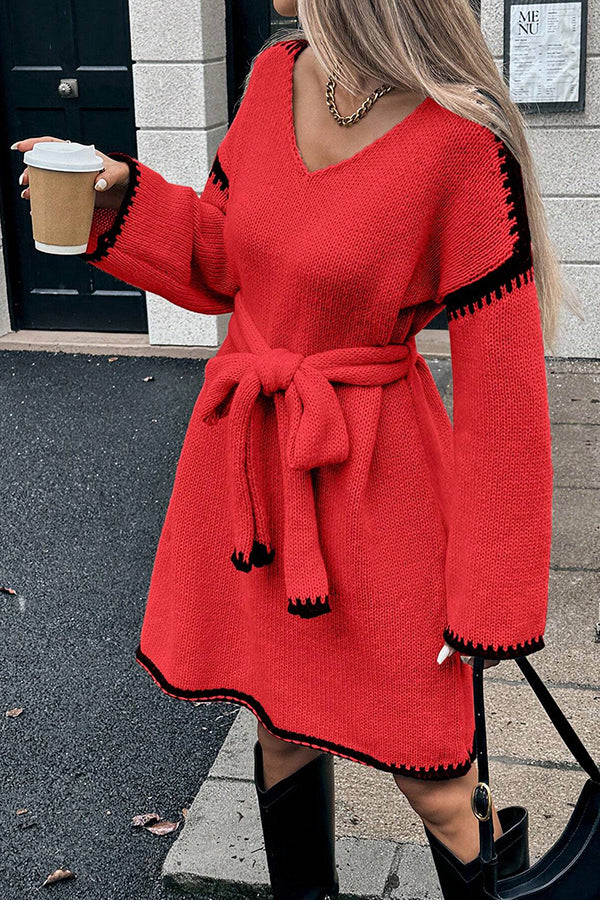 Loose-fitting Long-sleeved Tie-waist Knit Mini Dress