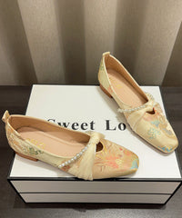 Boutique Retro Splicing Flat Shoes Yellow Satin Embroidered