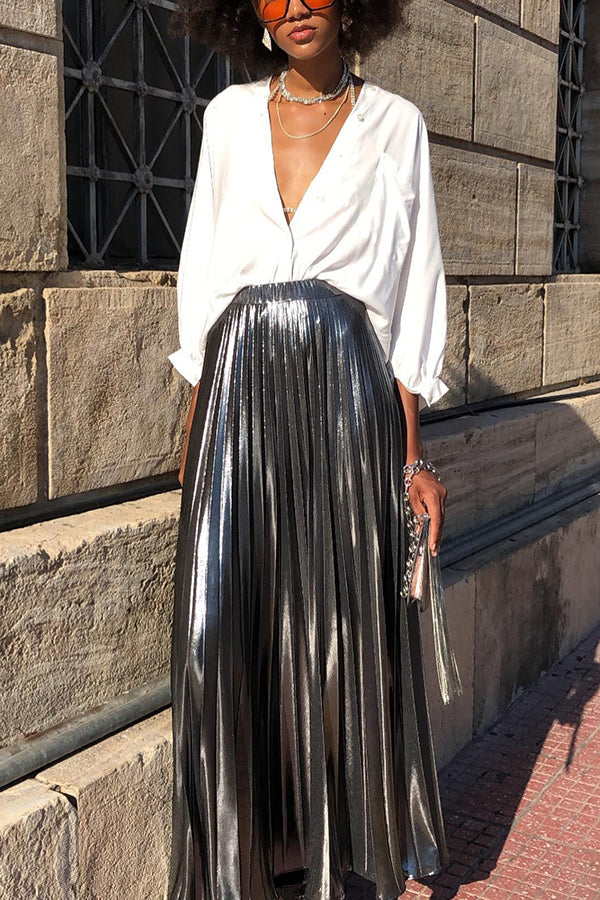 Metallic Pleated Back Elastic Waist Maxi Skirt