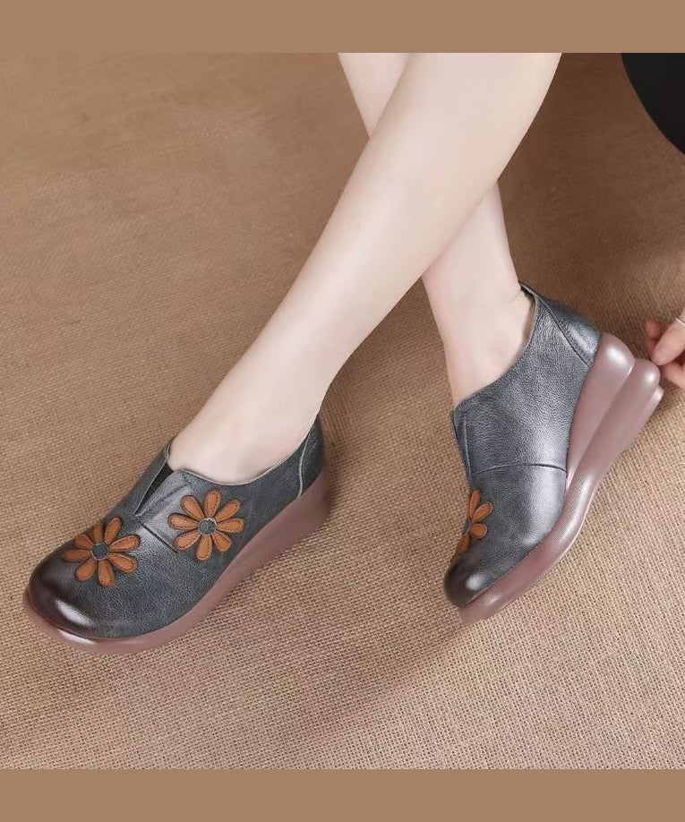 Vintage Brown Cowhide Leather Wedge Heels Shoes Splicing Floral