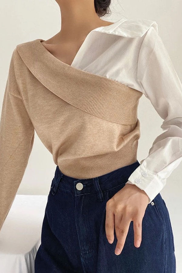 Patchwork Contrasting Long-sleeved V-neck Casual Sweater