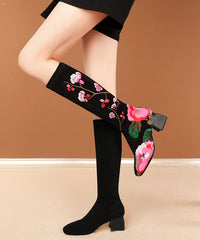 Black Embroidered Suede Chunky Knee Boots