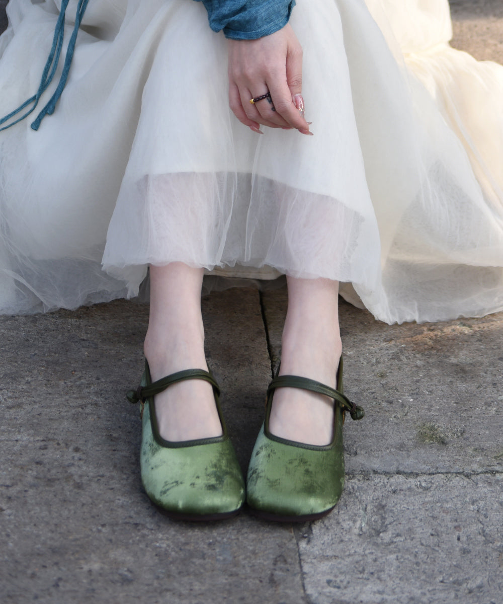 Retro Green Buckle Strap Splicing Soft Flat Shoes