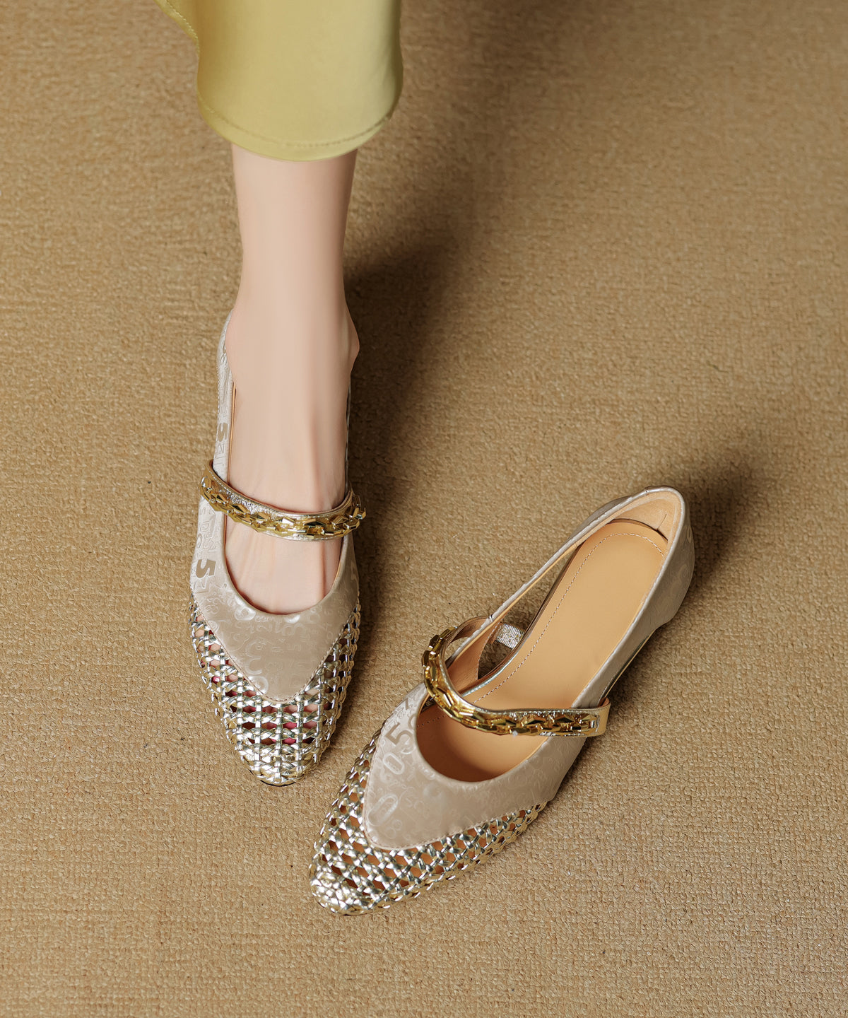 Vintage Green Cowhide Leather Splicing Hollow Out Chunky Shoes