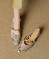 Vintage Green Cowhide Leather Splicing Hollow Out Chunky Shoes