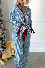 Striped Printed Color-blocked Trim Long-sleeved Loose Top and Elastic Waist Belt Wide-leg Pants Set
