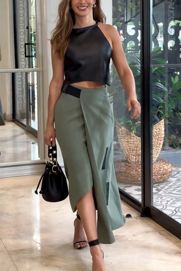 Cropped Sleeveless Top and Pockets Irregular Hem Skirt Set