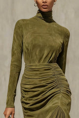 Suede High-neck Long-sleeved Pleated Tassel Midi Dress