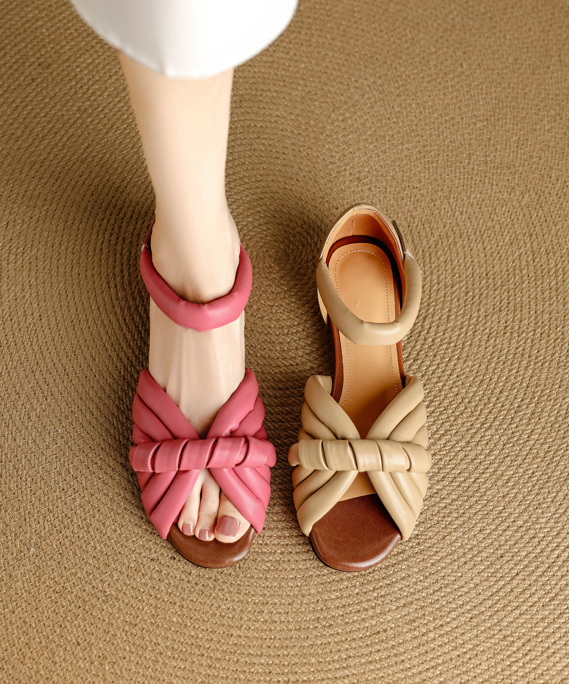 Pink Cowhide Leather Splicing Slide Sandals Peep Toe