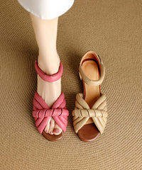 Pink Cowhide Leather Splicing Slide Sandals Peep Toe